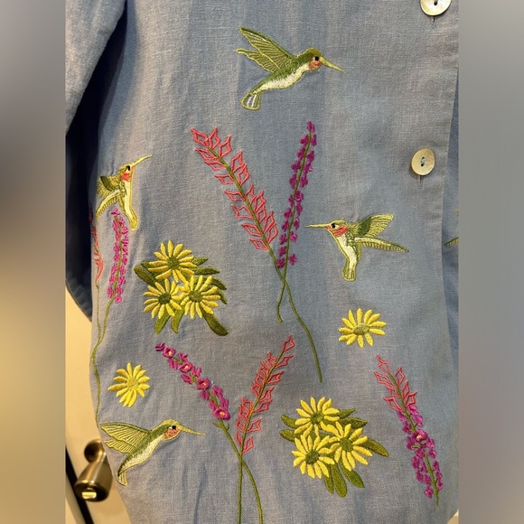 Vtg Womens Linen Infused Button Front Top Sz XL Embroidered Hummingbirds Cottage - Picture 4 of 9